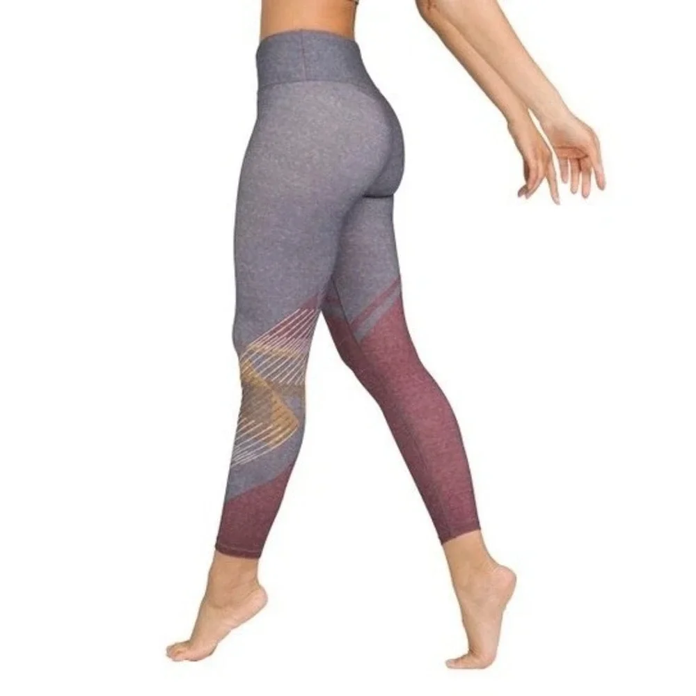 prAna Women Charcoal Burgundy Pillar Geometric Boho Space Dye Yoga Leggings S